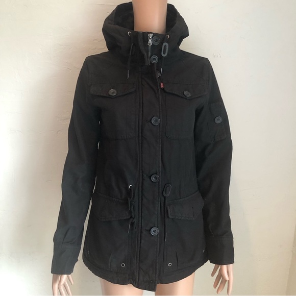 Levi’s Black Denim Jeans Hooded Military Utility Jacket Coat Women’s Size XS - Picture 1 of 16